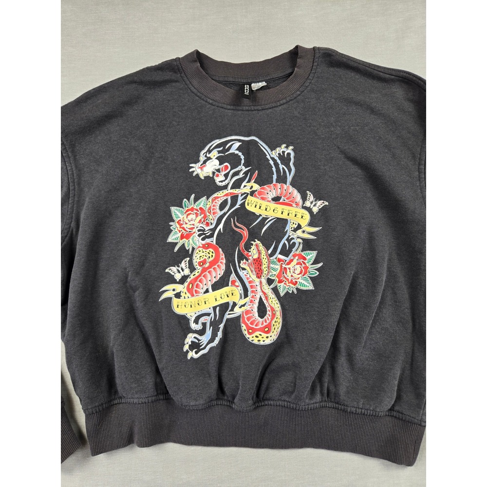 HM Divided Womens Panther Snake Tattoo Graphic Sweatshirt Charcoal Grey L
